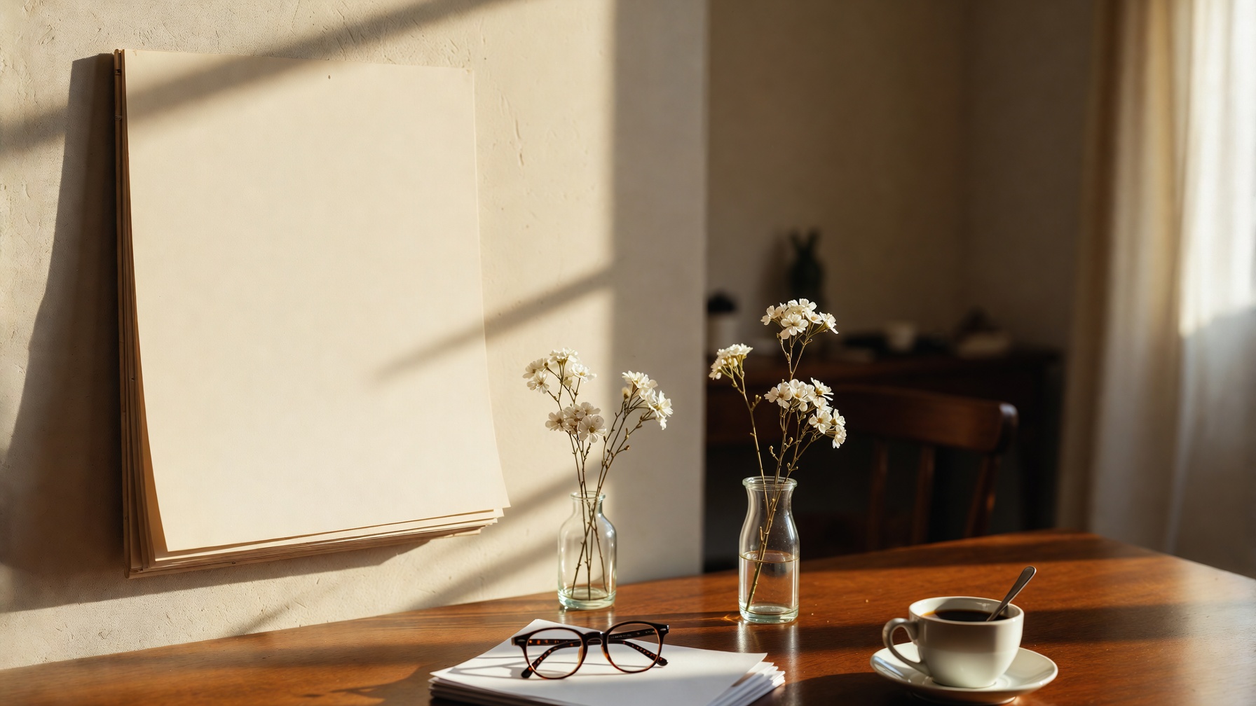 Escrivaninha com calendário, óculos e um vaso de flores brancas